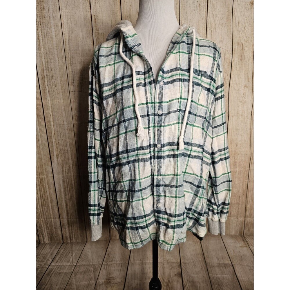 American Eagle Womens Small Hooded Plaid Flannel Shirt Green Gray Button Up
